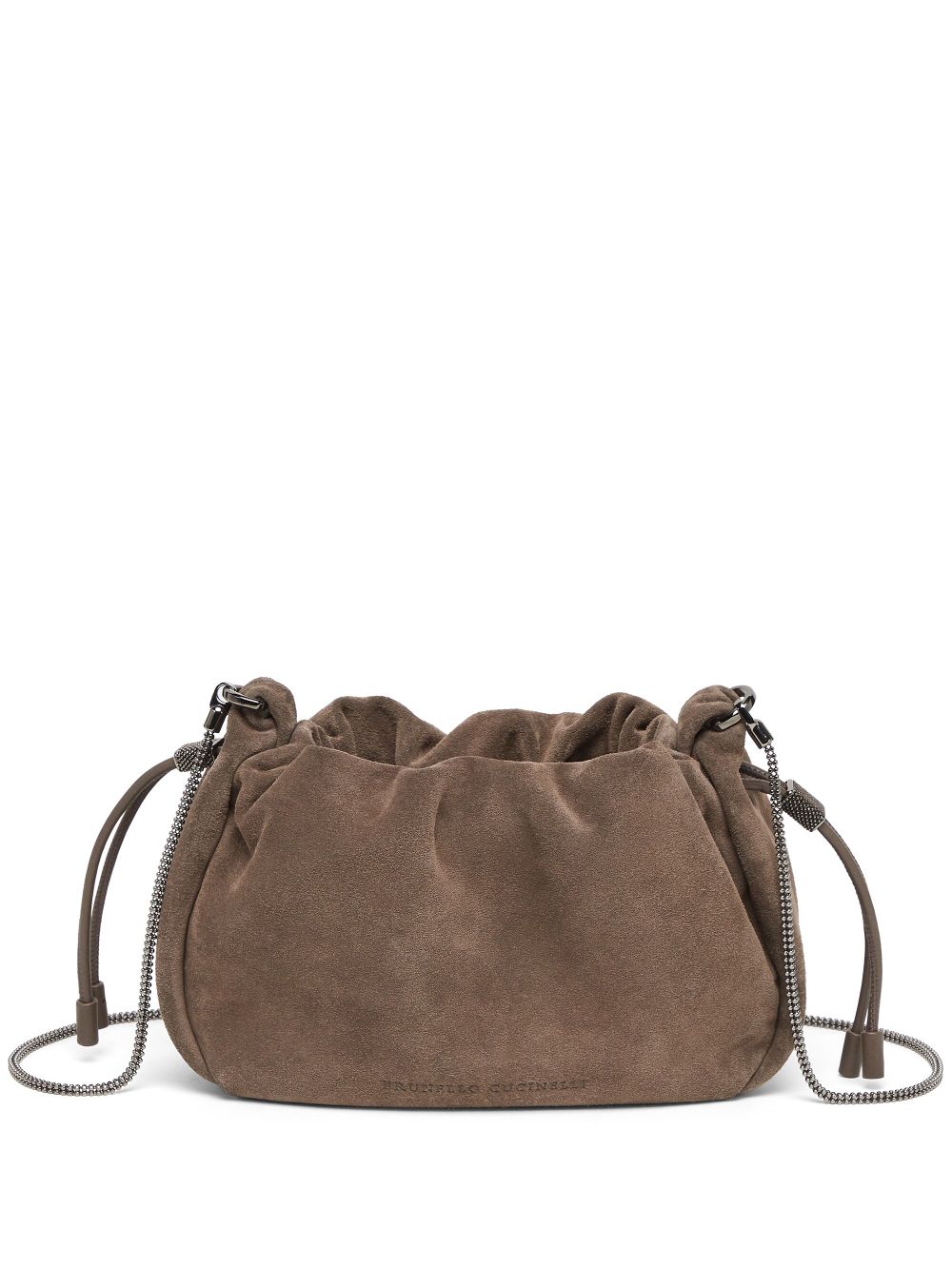 Brunello Cucinelli Mellow mini bucket bag in suede with precious chain