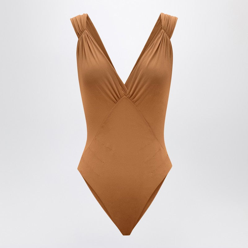 Saint Laurent Brown silk-blend crossover bodysuit