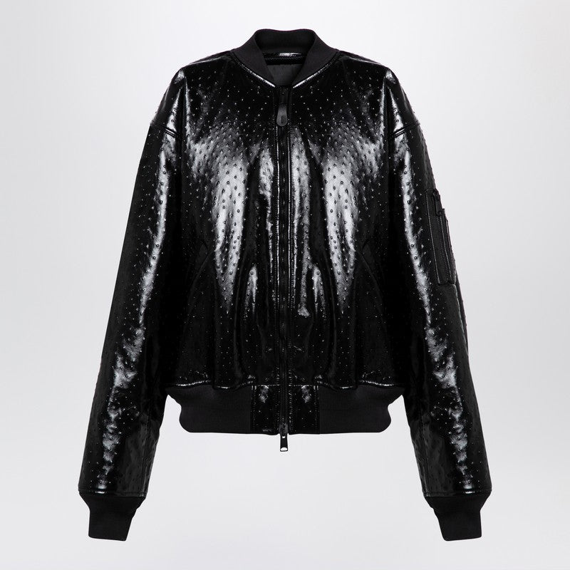 Balenciaga Black leather ostrich-effect bomber jacket