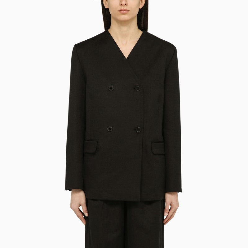 Loulou Studio Black double-breasted jacket in cotton and linen