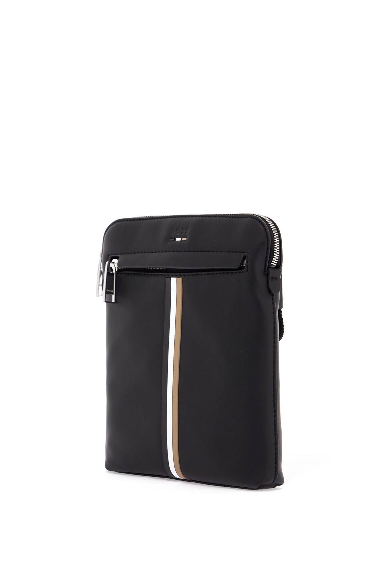 black envelope bag with white and brown stripes