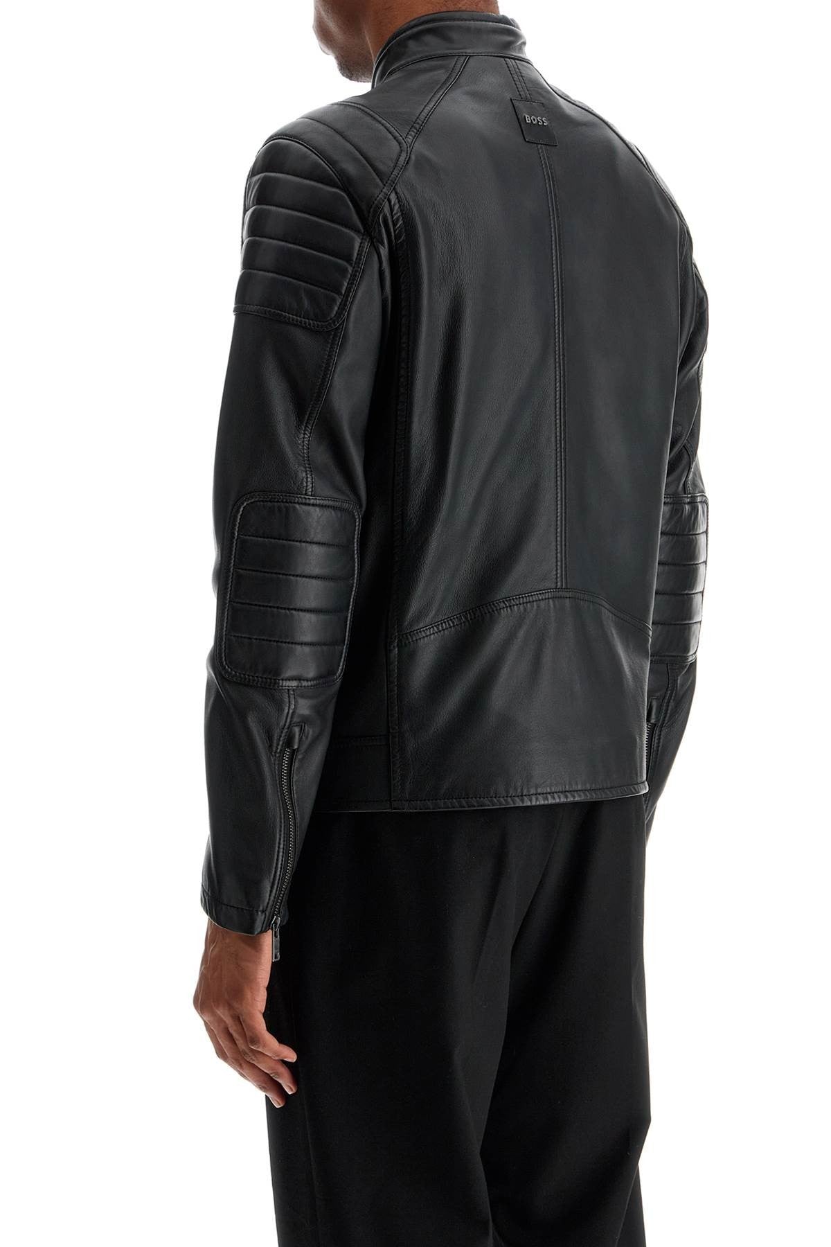 black leather jacket with high collar and quilted details