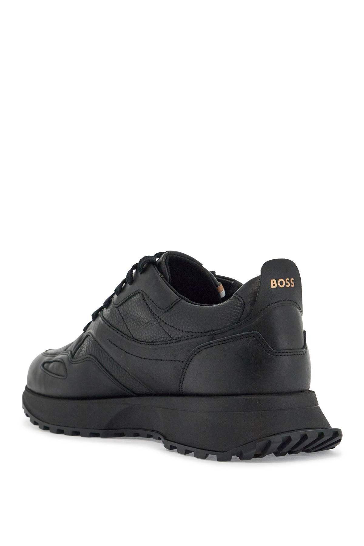 black leather sports sneakers with strap for men