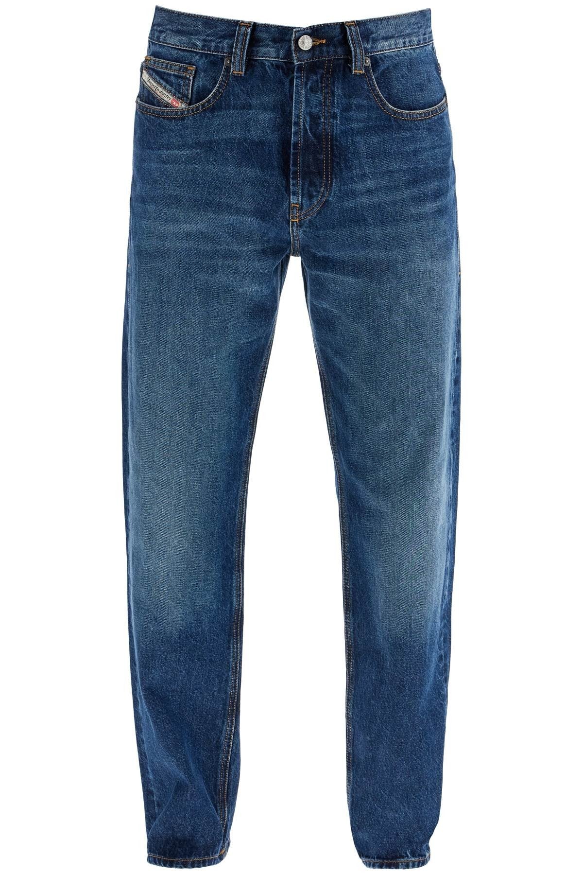 blue denim straight leg cotton jeans with contrast stitching