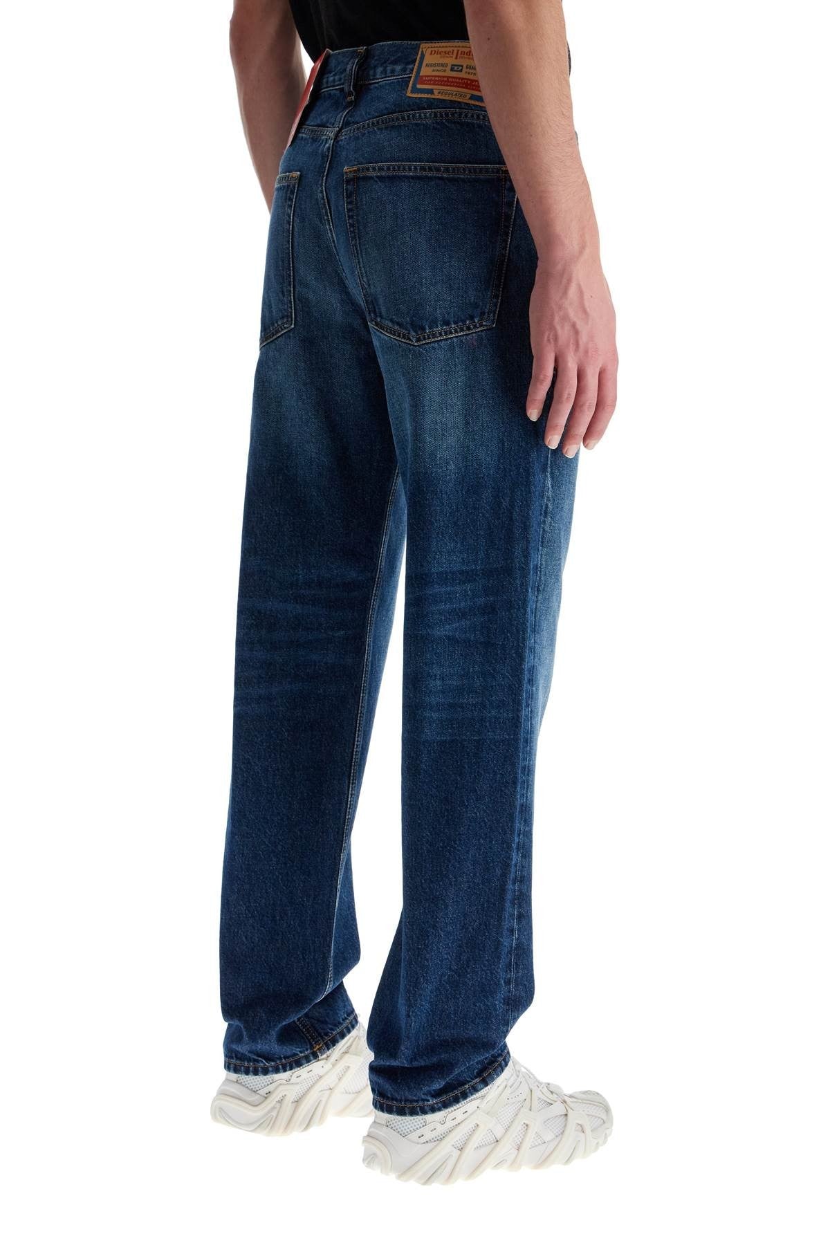 blue denim straight leg cotton jeans with contrast stitching
