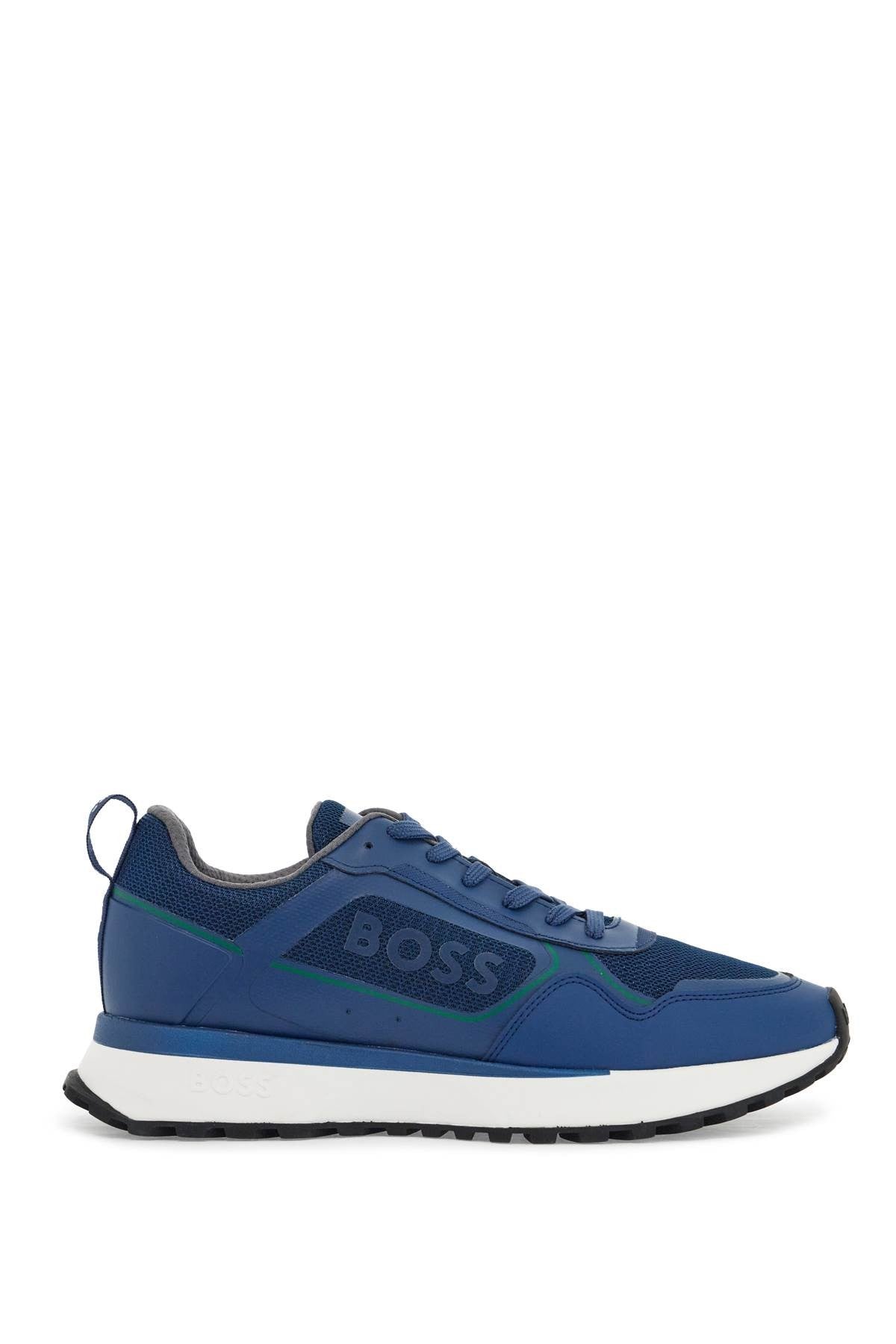 breathable blue sneakers with green details and white sole