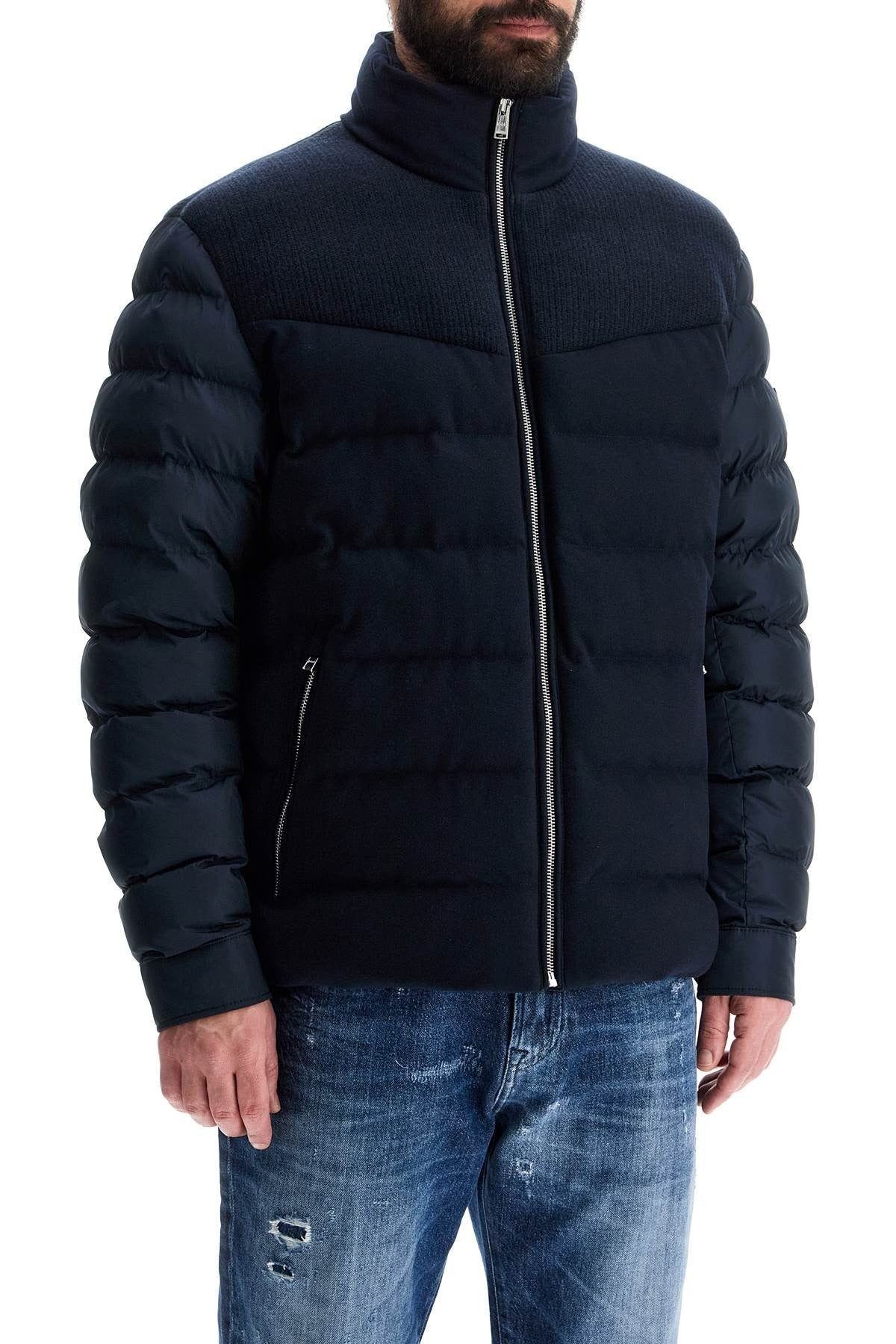 dark blue high collar padded coat h-clanello