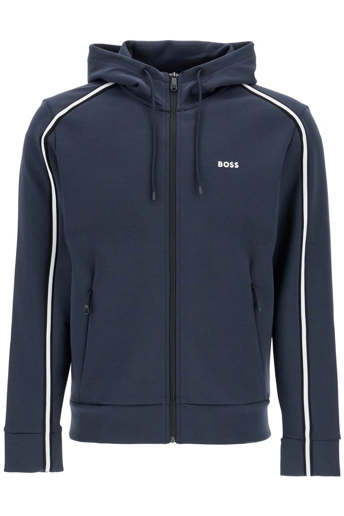 dark blue hooded zip sweatshirt with long sleeves