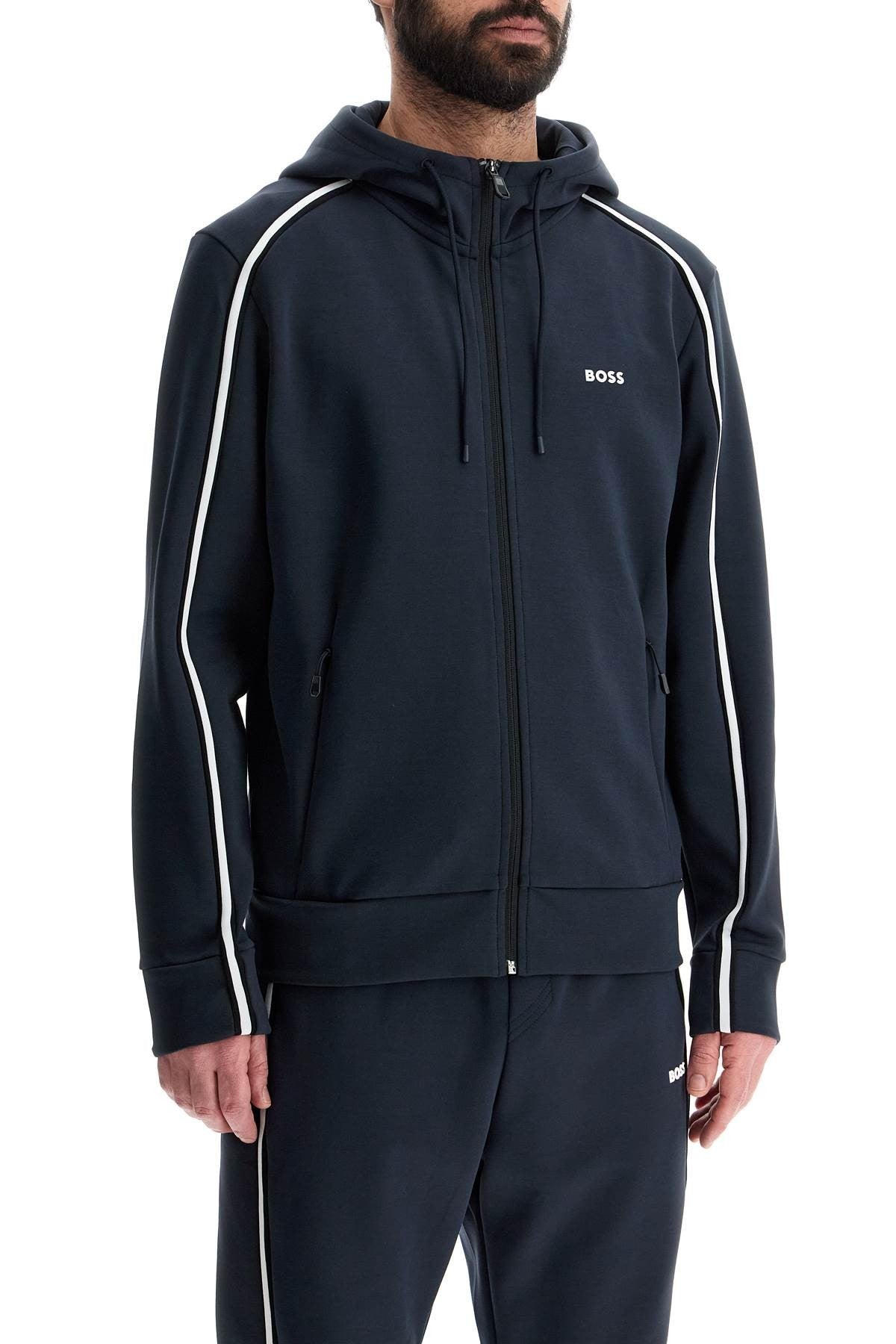 dark blue hooded zip sweatshirt with long sleeves
