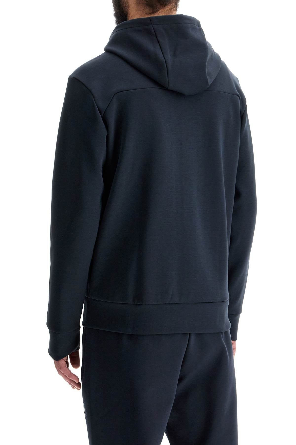 dark blue hooded zip sweatshirt with long sleeves