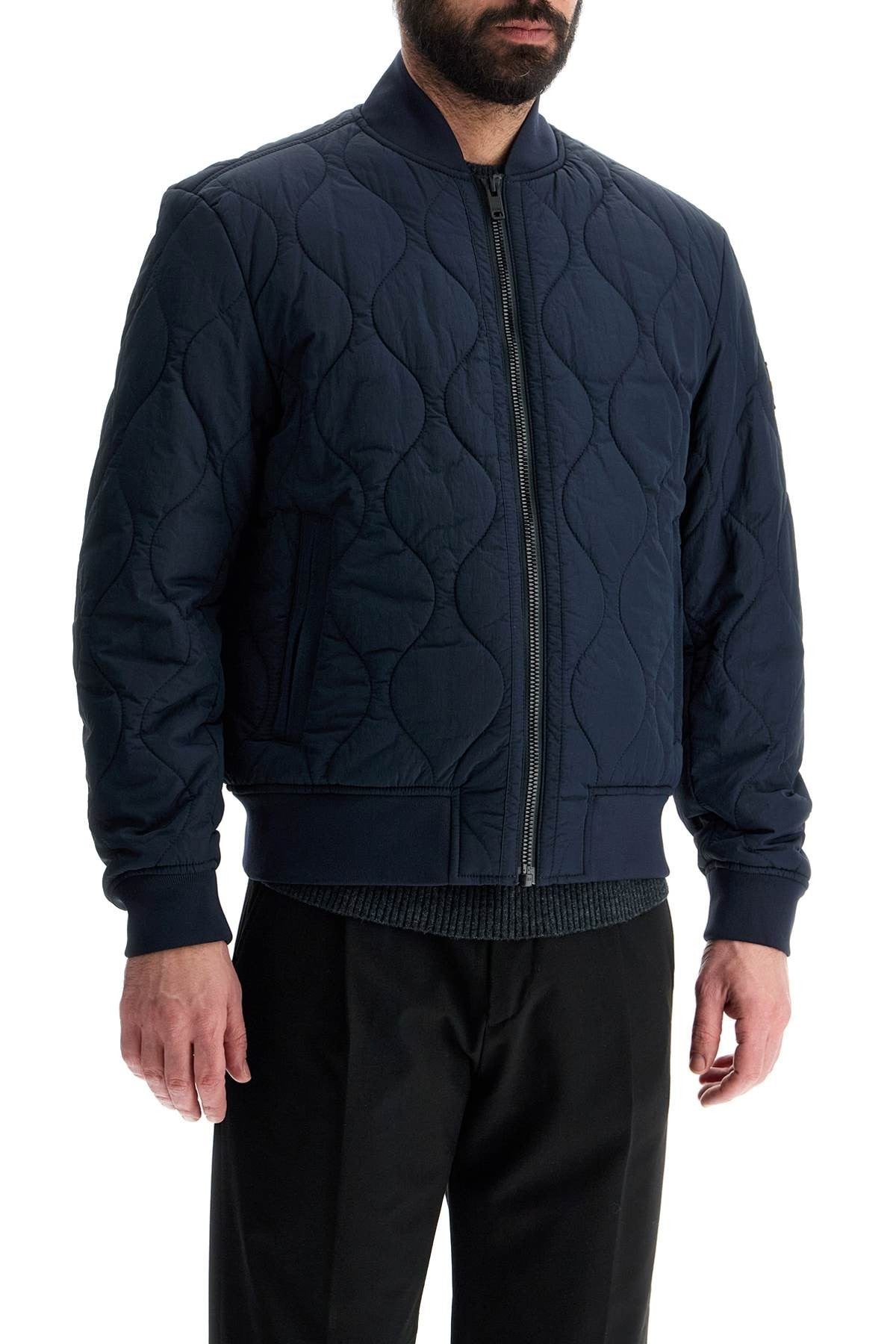 dark blue slim fit quilted down jacket with wavy pattern