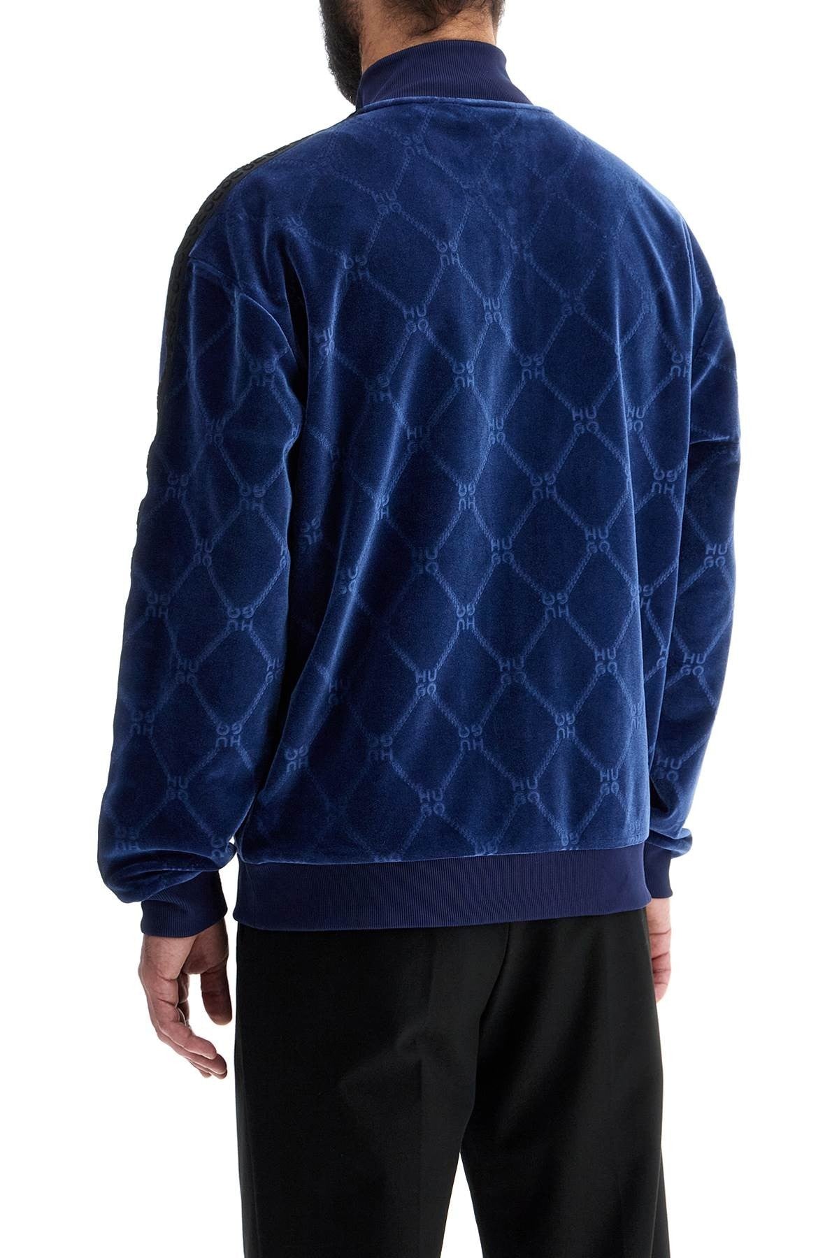 dark blue velvet high collar zip slim fit sweatshirt