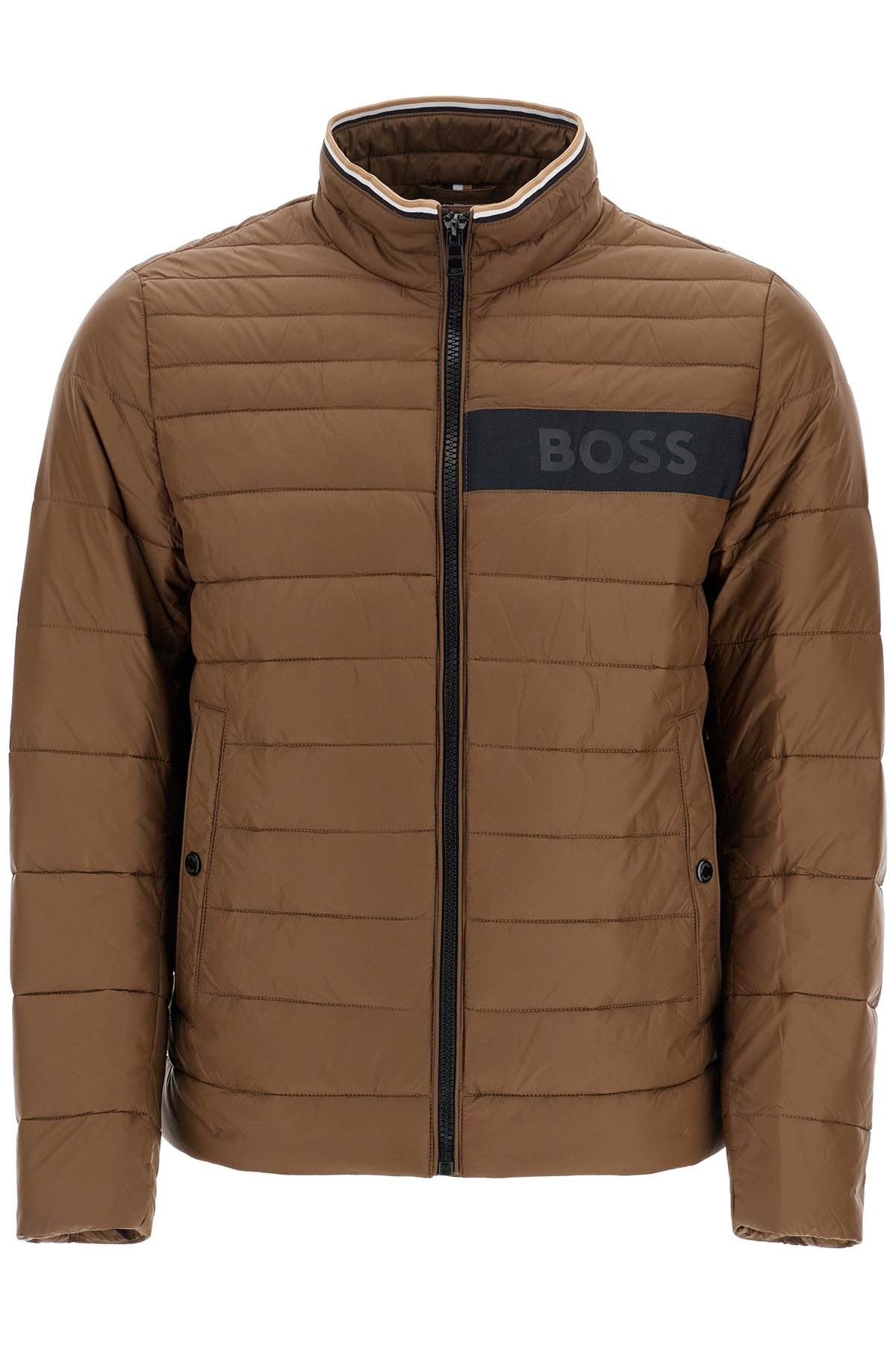 green striped slim down jacket with high collar