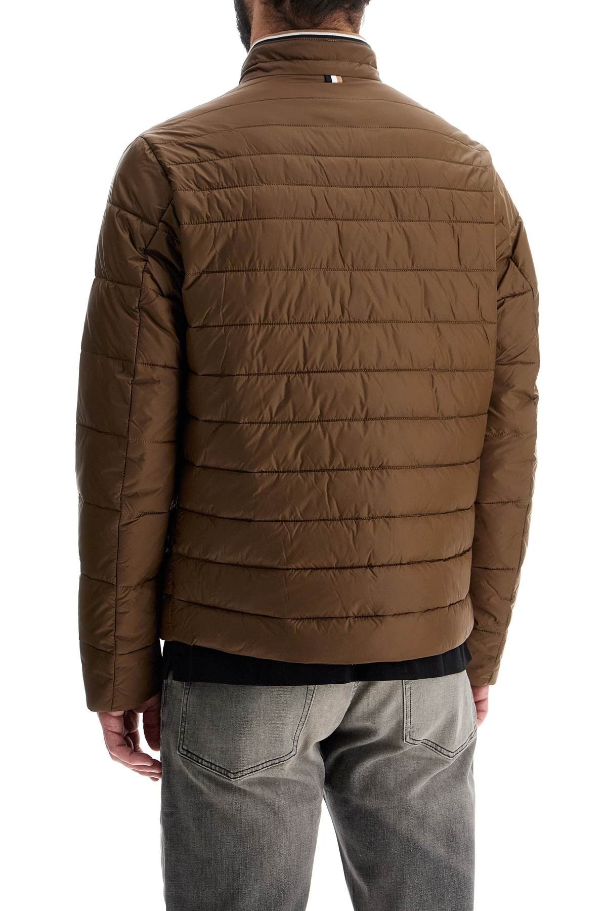 green striped slim down jacket with high collar
