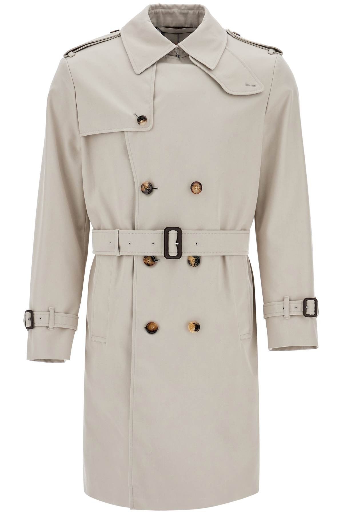 light beige polyester and cotton trench coat with adjustable belt