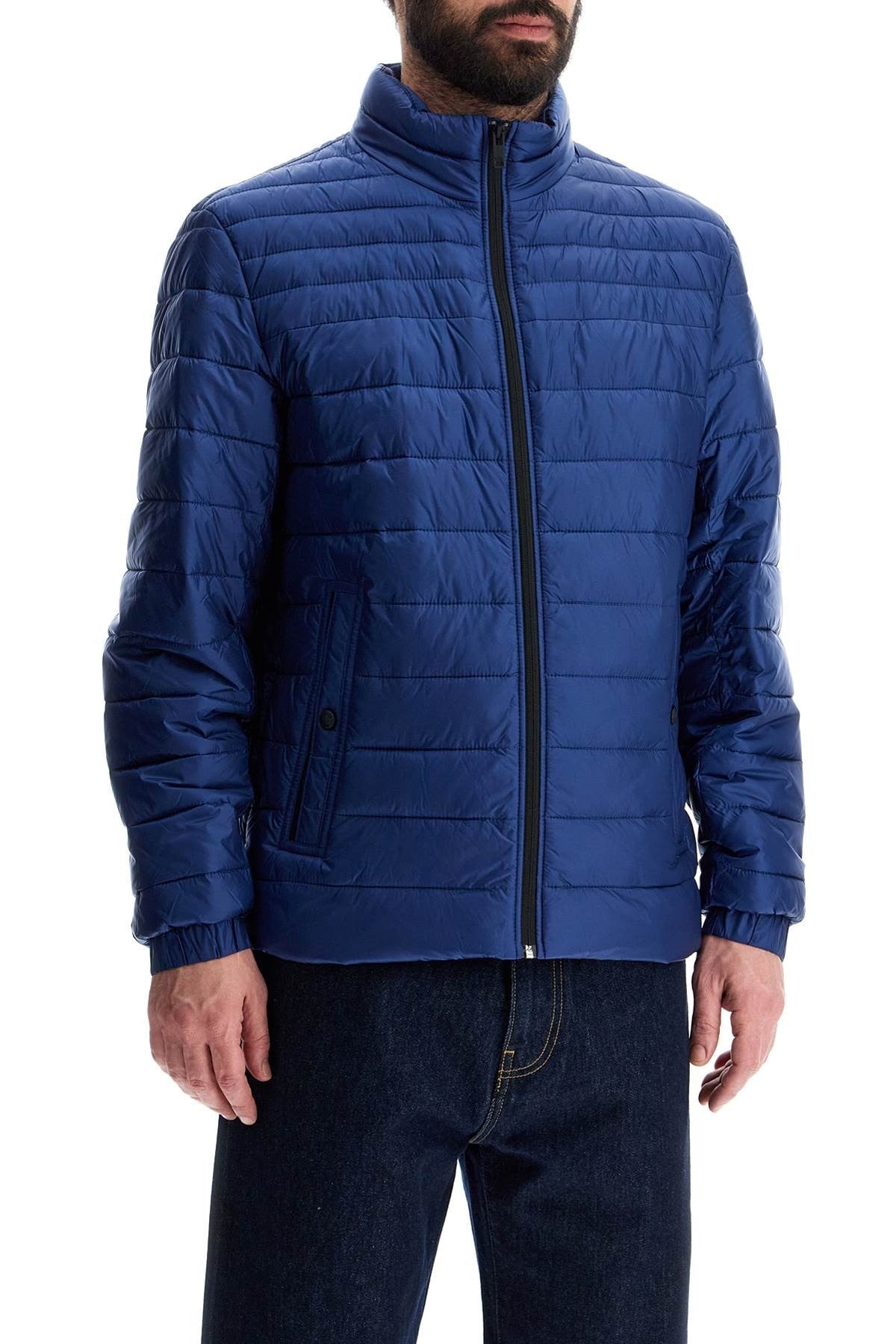lightweight jacket with horizontal blue stripes and high collar zip