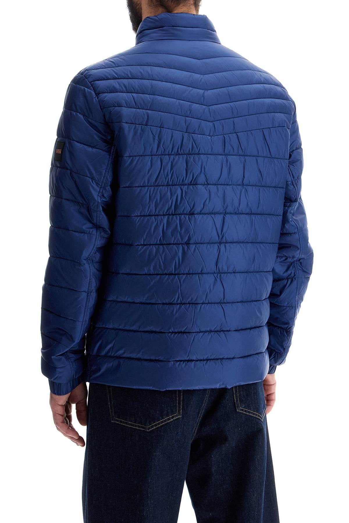 lightweight jacket with horizontal blue stripes and high collar zip