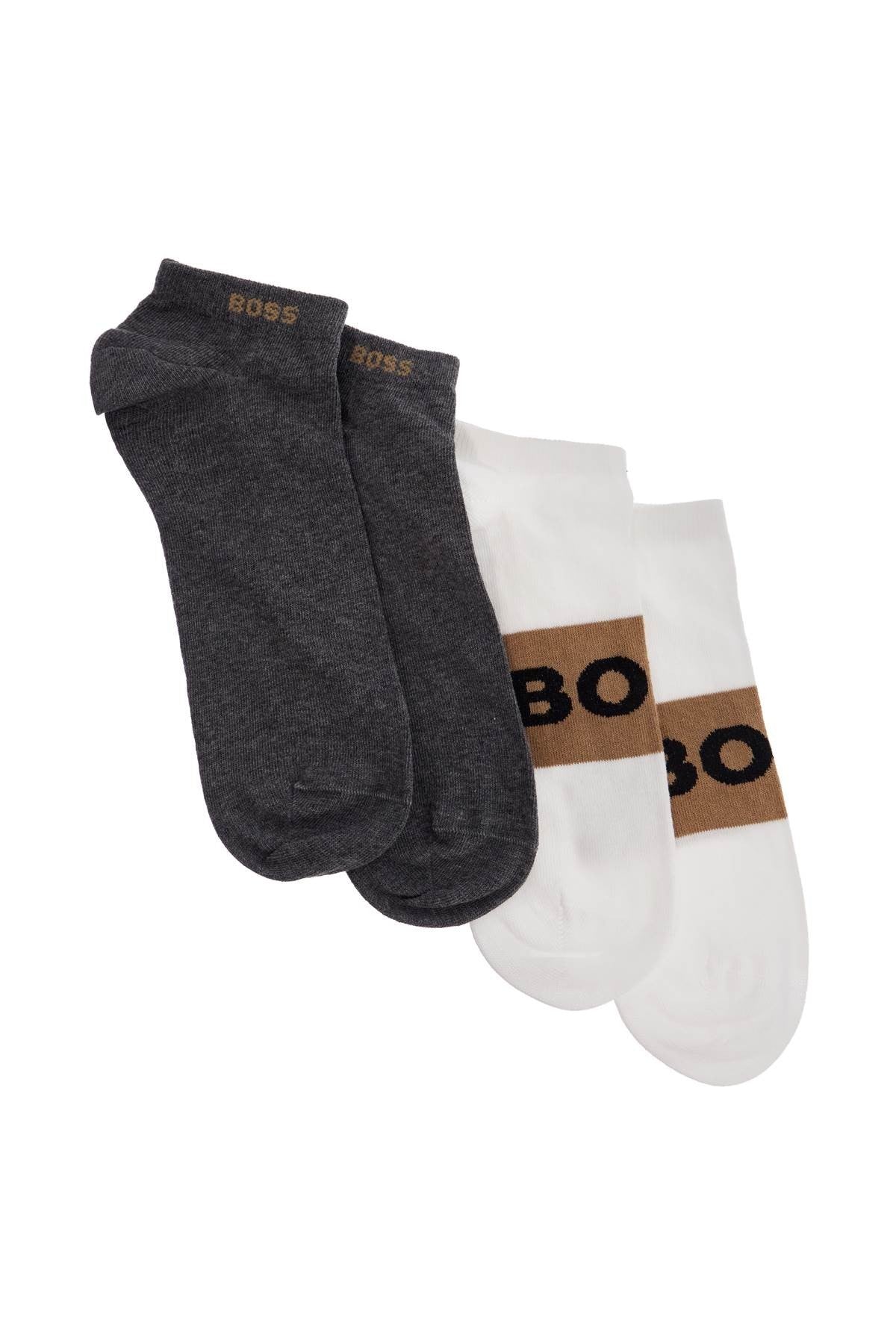 low-cut gray and white socks with gold logo and brown band