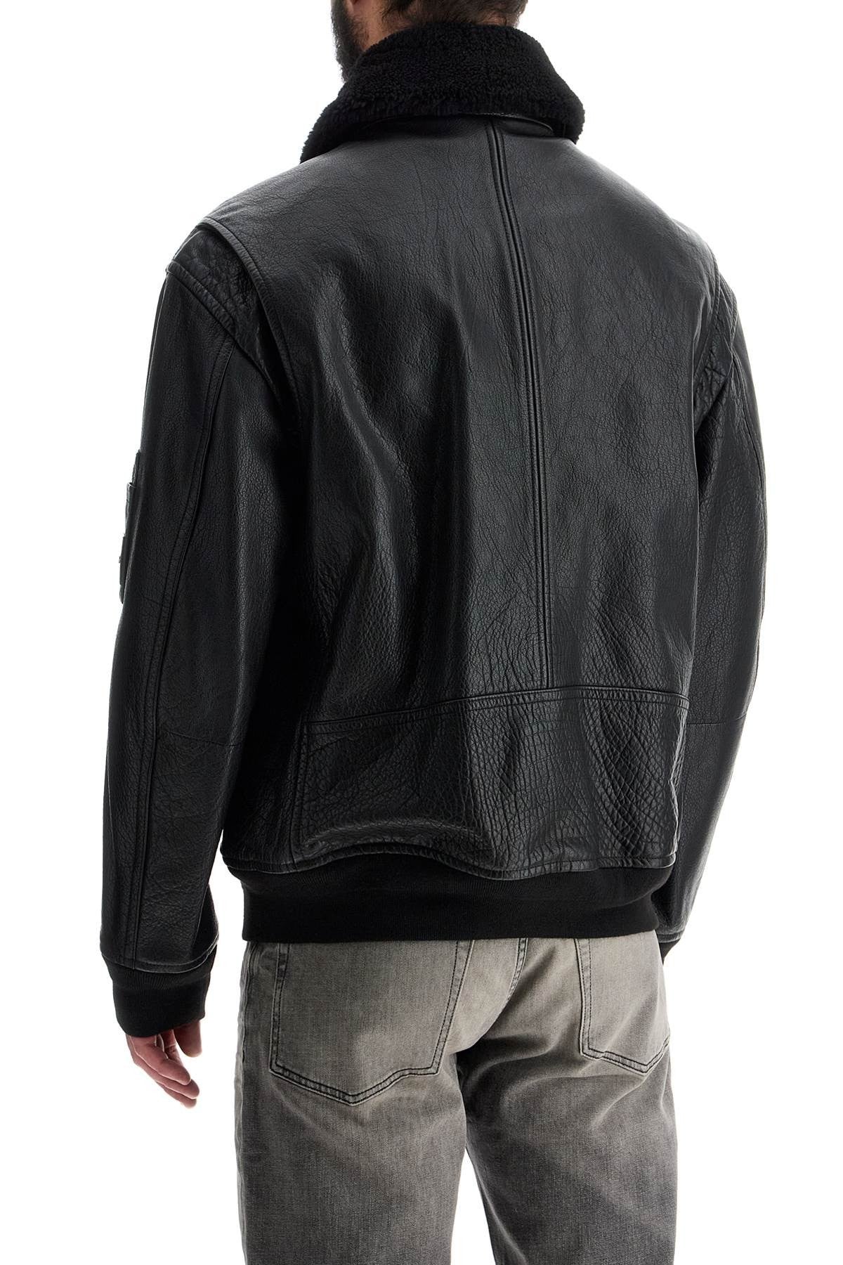 men's black leather jacket with high collar regular fit zip