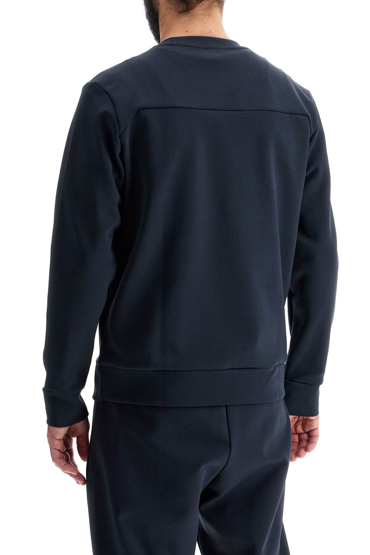 men's dark blue round neck sweatshirt with long sleeves and embroidered logo