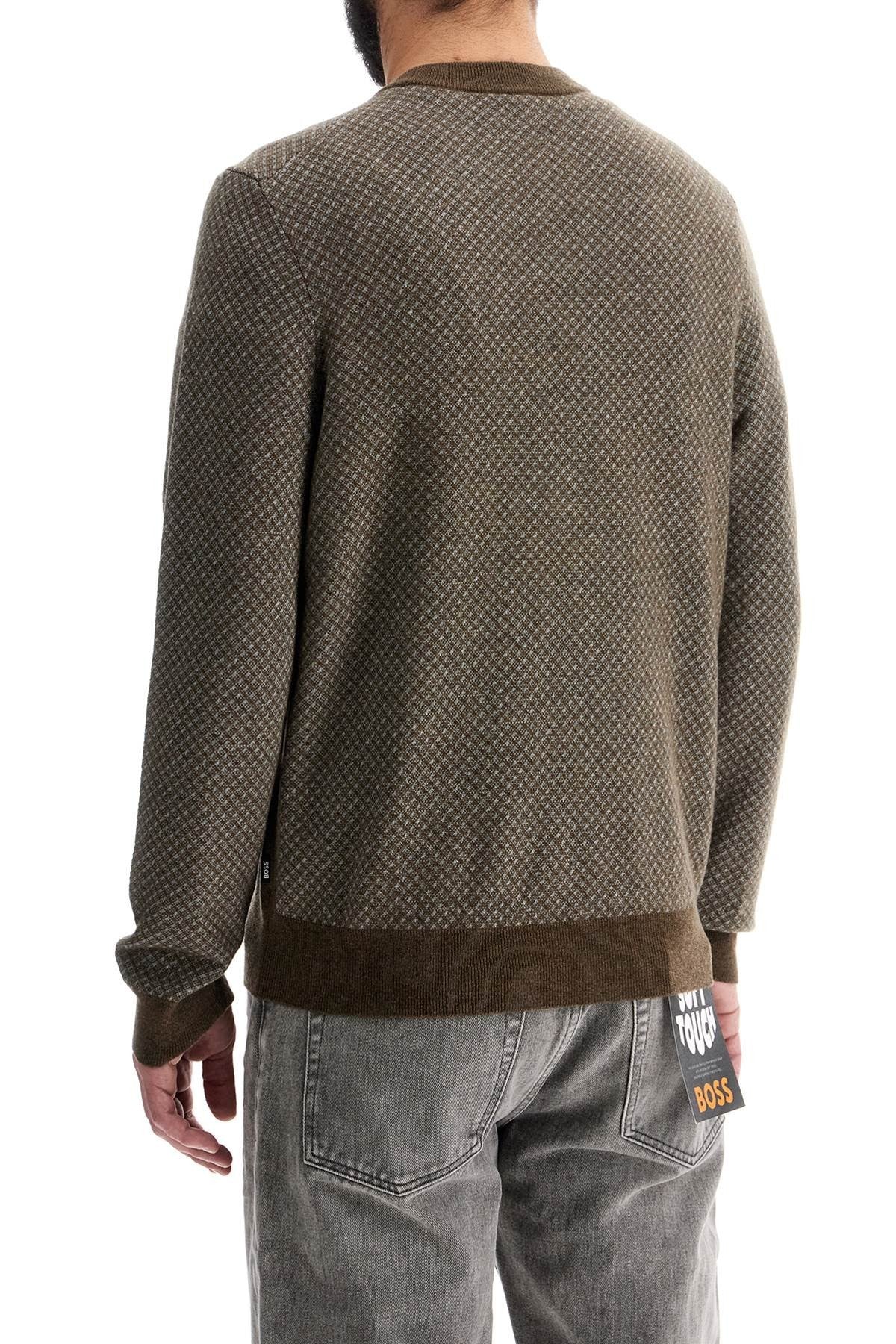 slim fit diamond pattern green wool and cotton sweater