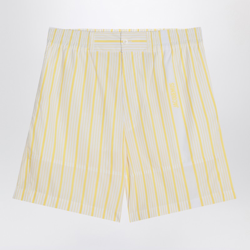 JACQUEMUS White, yellow striped bermuda shorts with logo