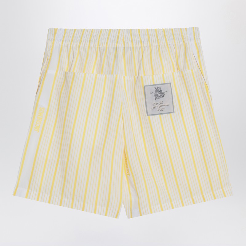 JACQUEMUS White, yellow striped bermuda shorts with logo