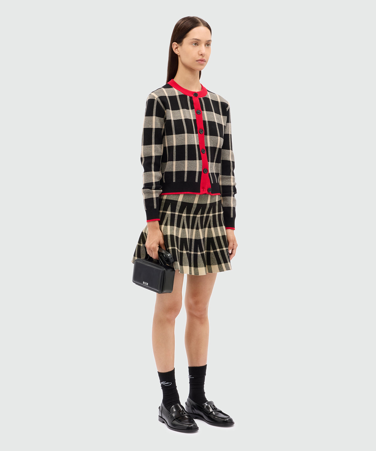 MSGM Checked Knitted Mini Skirt – Black & Beige