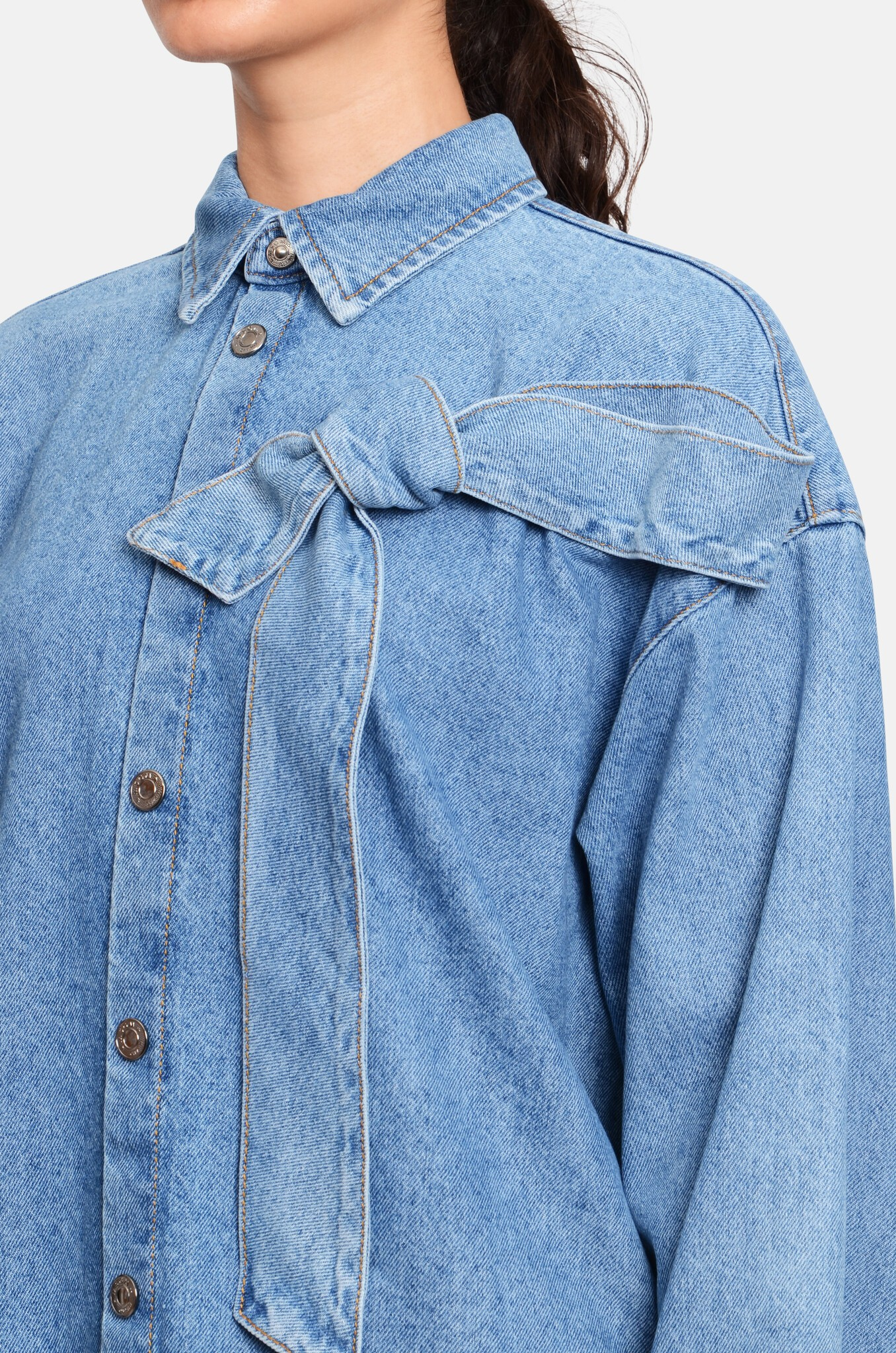 MSGM Oversized Denim Shirt with Bow Detail – Ink Blue