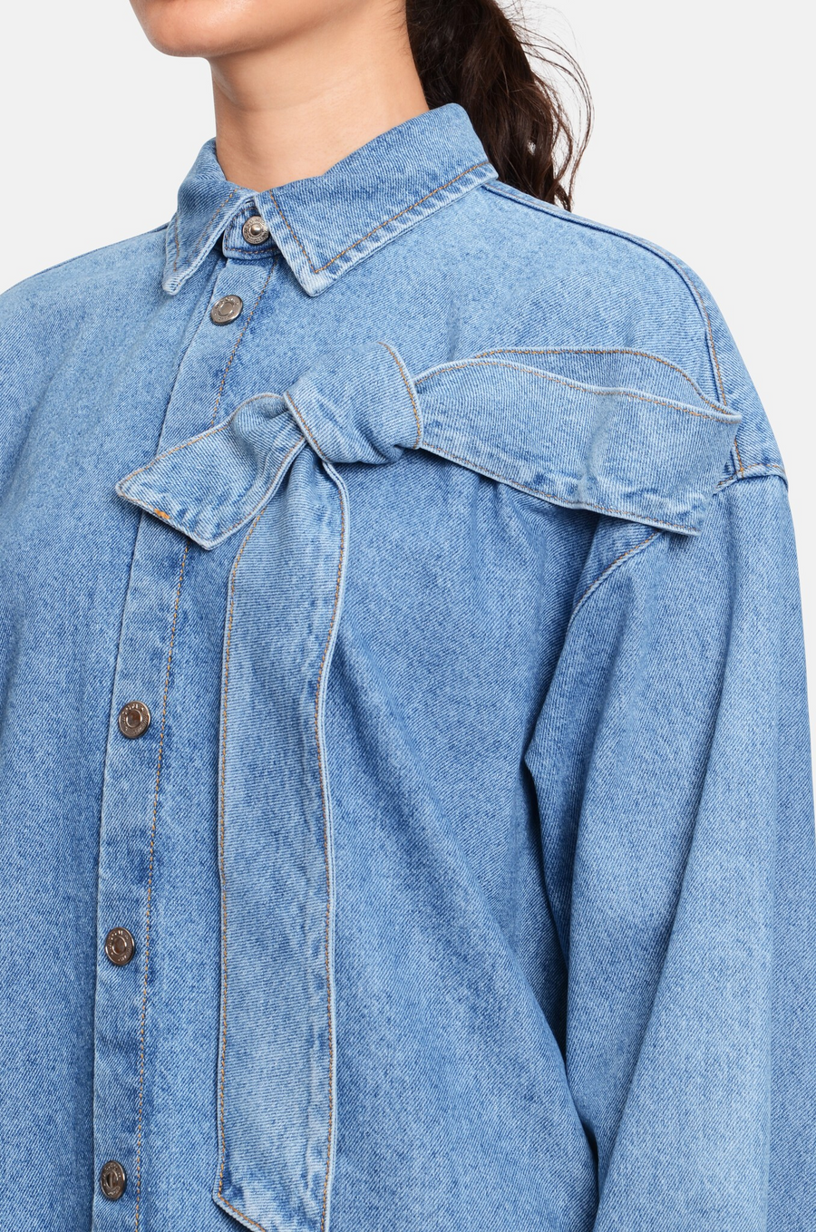 MSGM Oversized Denim Shirt with Bow Detail – Ink Blue