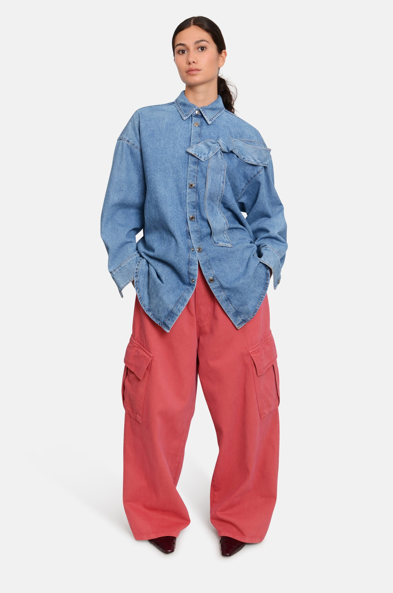 MSGM Oversized Denim Shirt with Bow Detail – Ink Blue