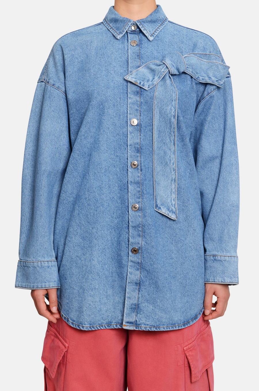 MSGM Oversized Denim Shirt with Bow Detail – Ink Blue