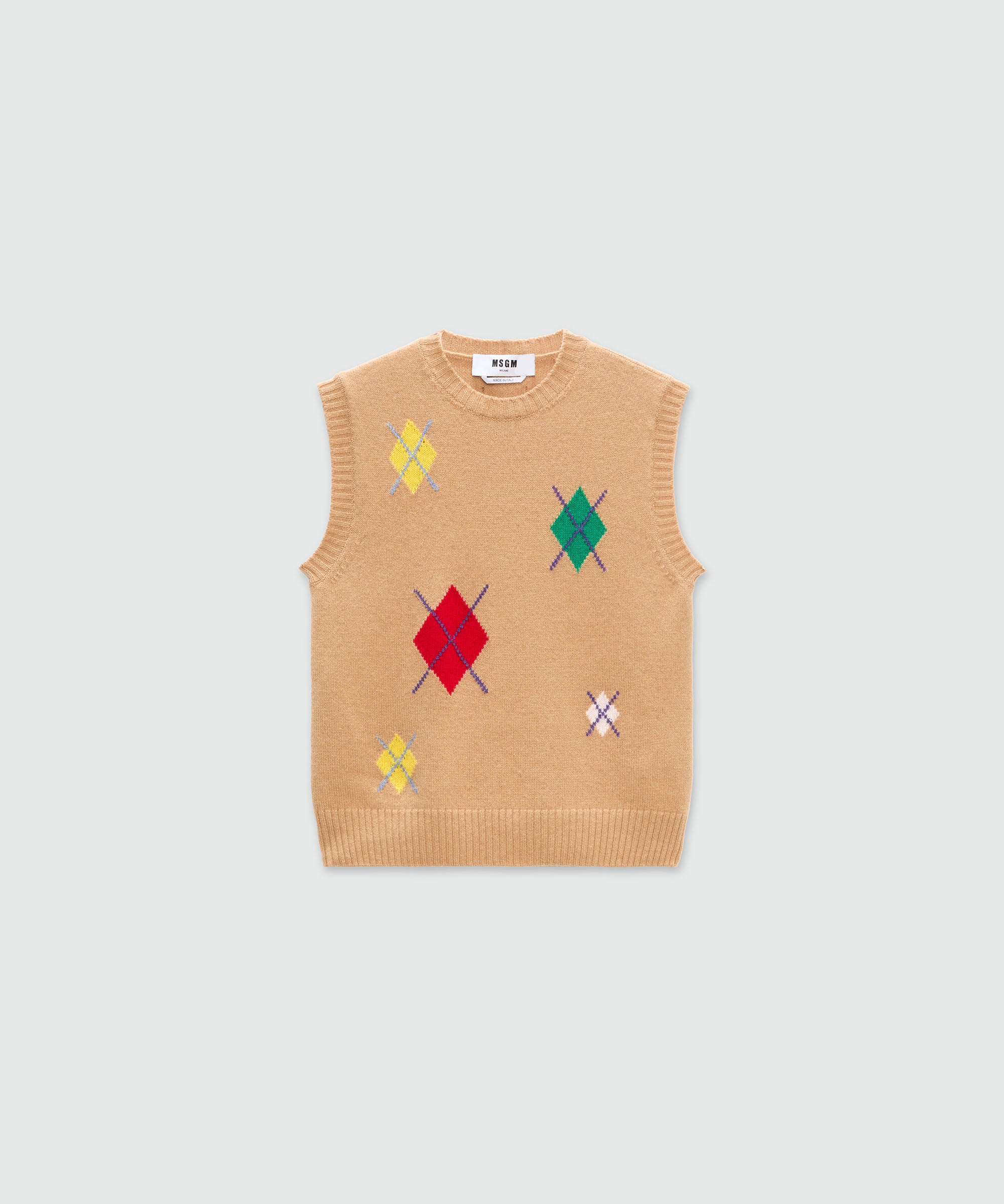 MSGM Multicolor Argyle Knit Vest – Beige