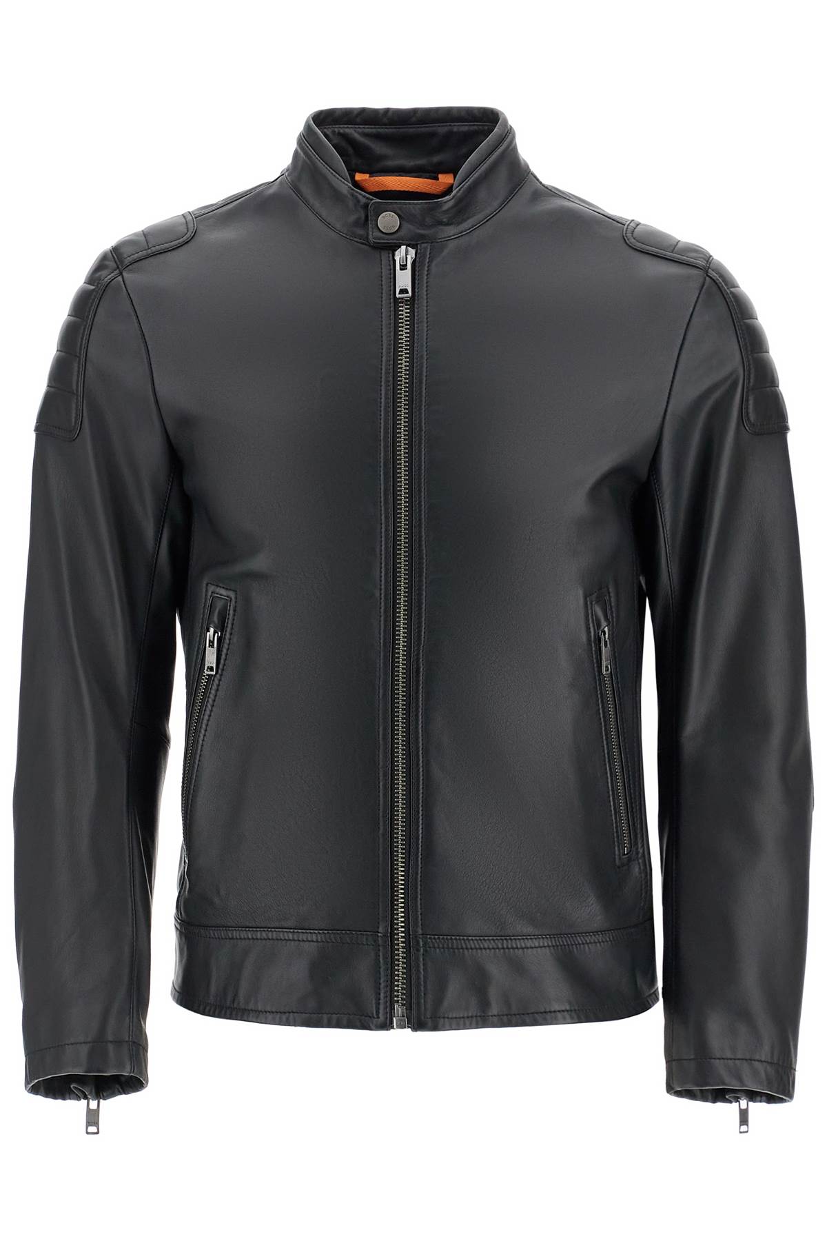 Boss black leather jacket with high collar and quilted details