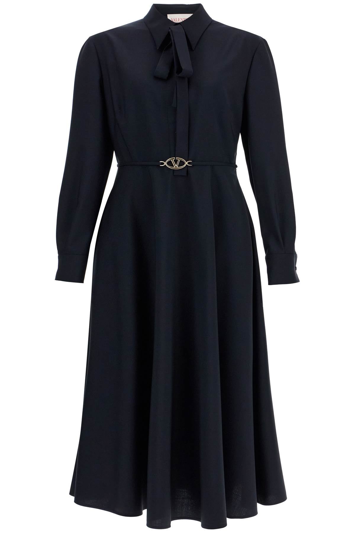 Valentino Garavani elegant navy blue wool dress with long sleeves and golden belt