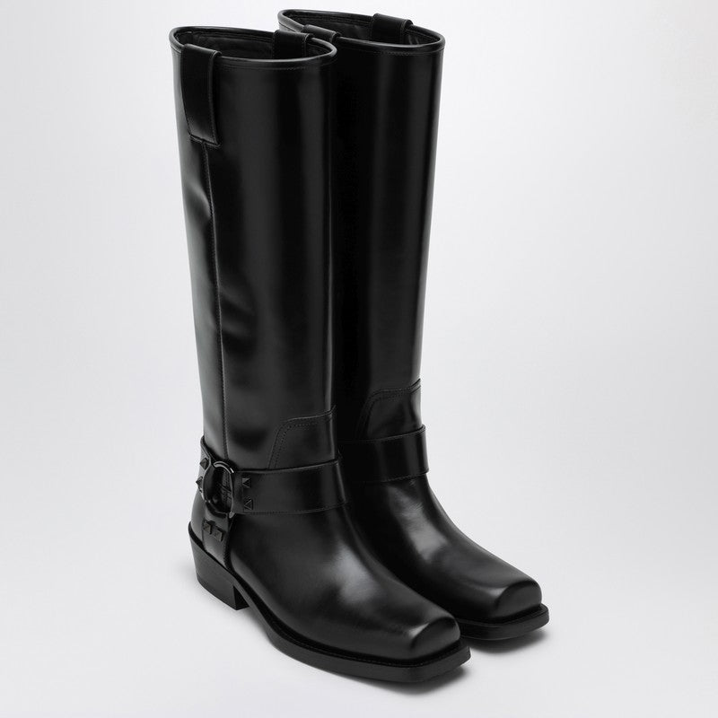 Valentino Garavani Black leather Biker Rockstud high boot