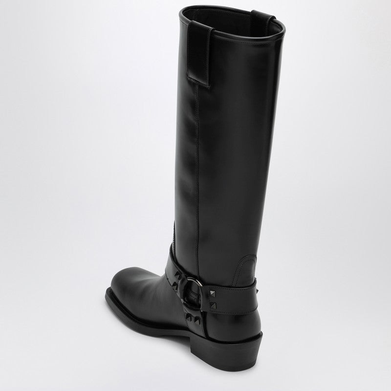 Valentino Garavani Black leather Biker Rockstud high boot