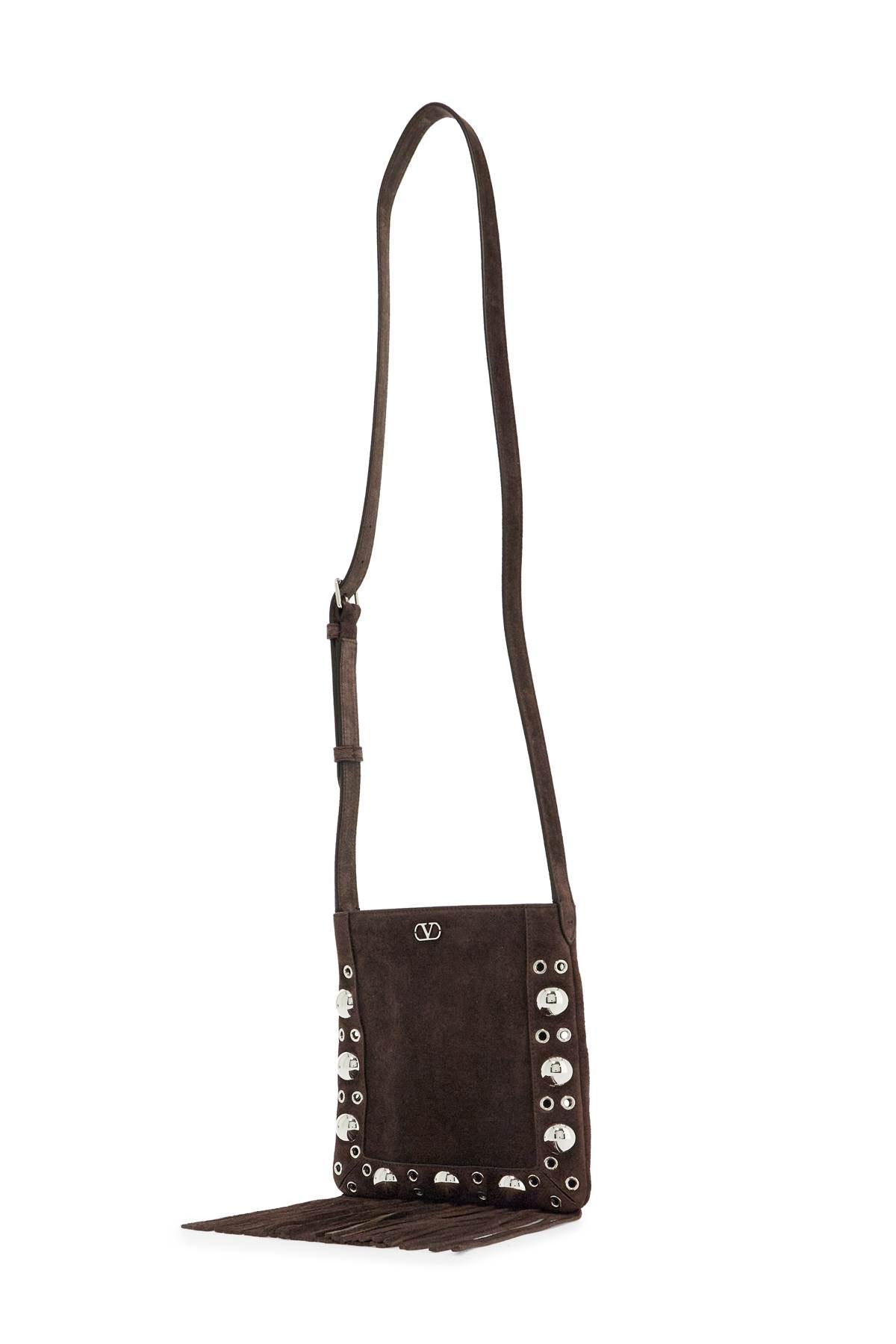 Valentino Garavani small suede crossbody bag in dark brown with studs and fringe