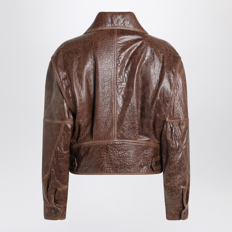 Saint Laurent Aged brown leather bomber jacket