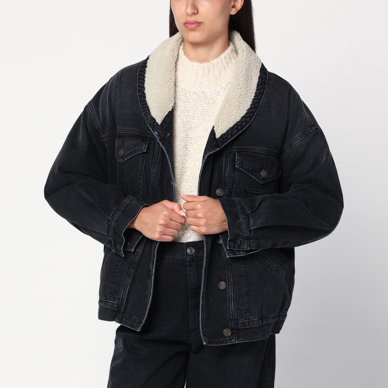 ISABEL MARANT Black Pimia jacket in denim and faux fur