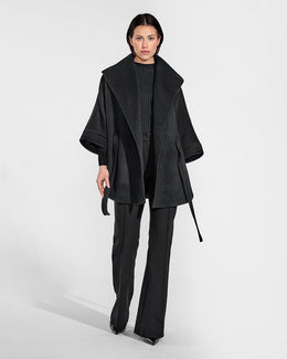 BABY ALPACA CAPE WITH SHAWL COLLAR AND BELT BLACK