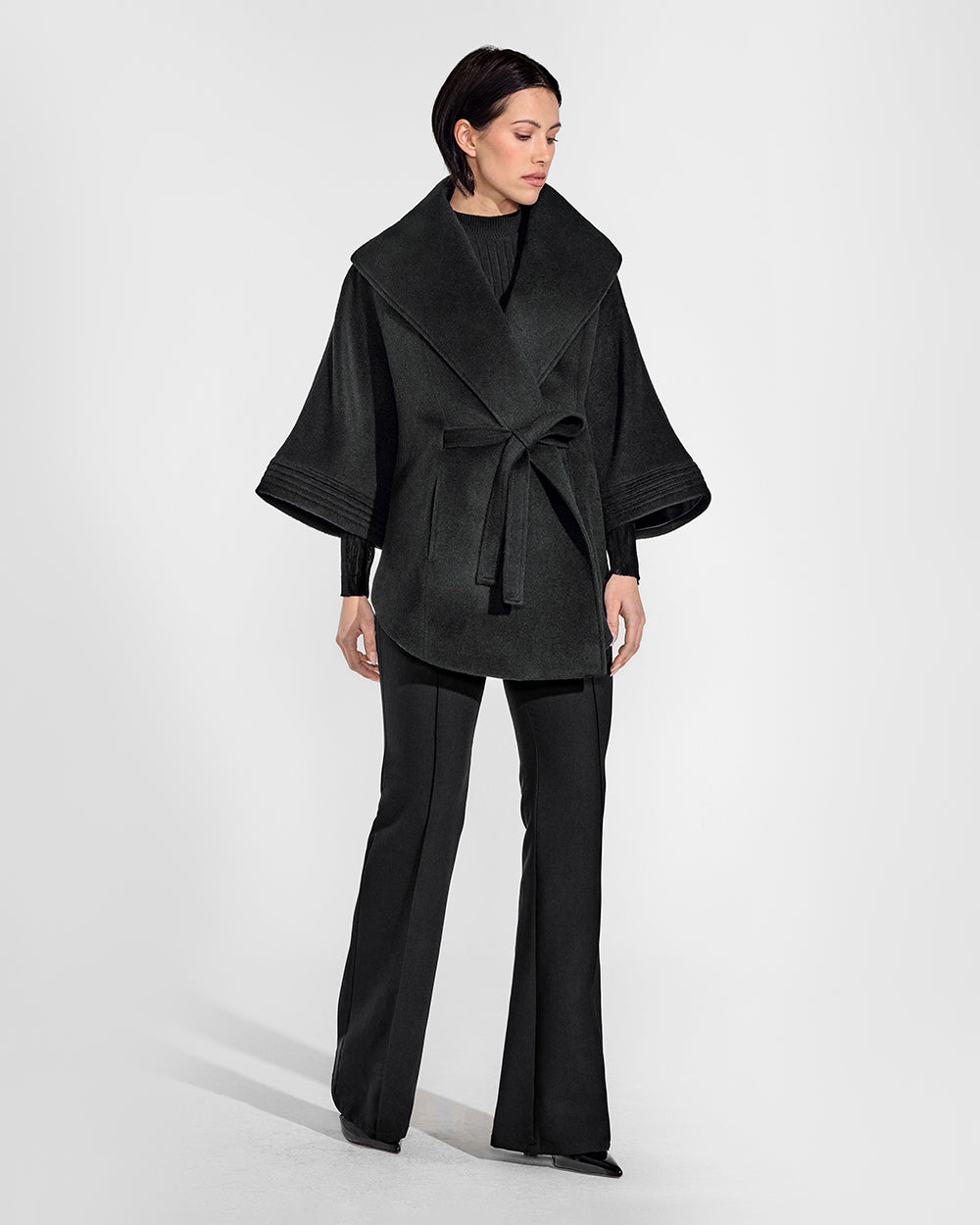 BABY ALPACA CAPE WITH SHAWL COLLAR AND BELT BLACK