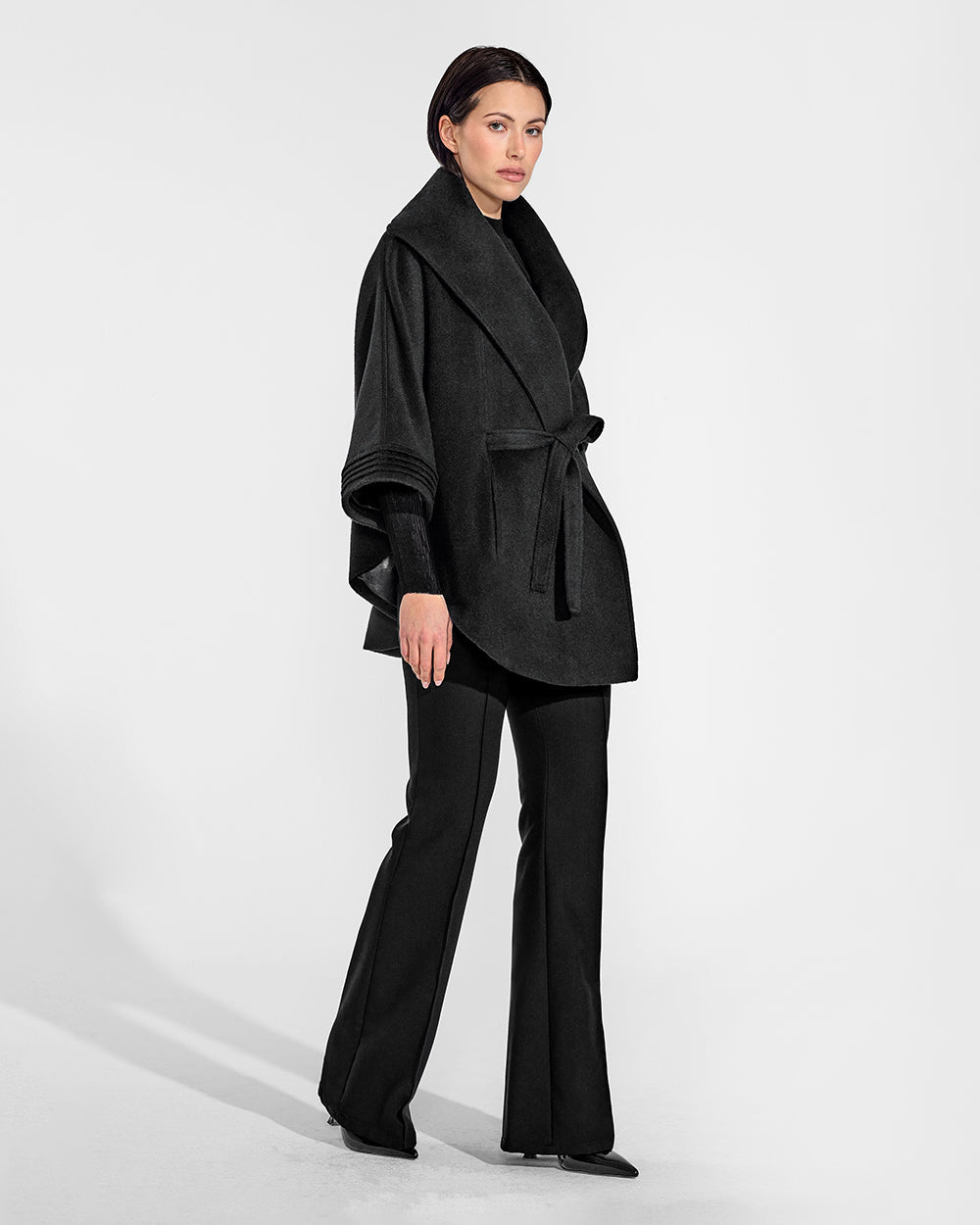 BABY ALPACA CAPE WITH SHAWL COLLAR AND BELT BLACK