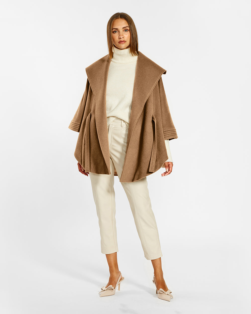 BABY ALPACA CAPE WITH SHAWL COLLAR AND BELT DARK CAMEL