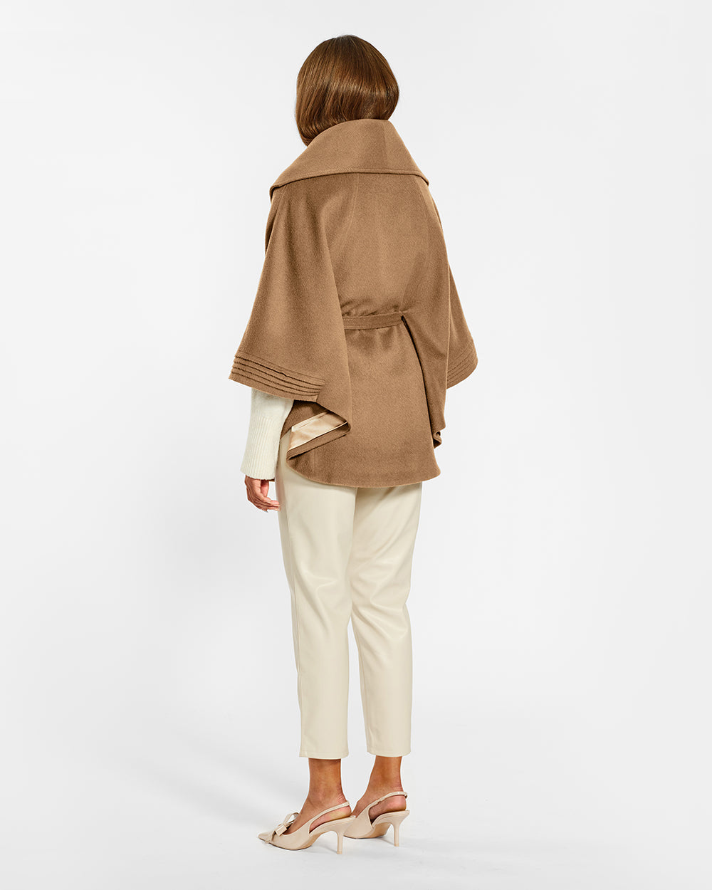 BABY ALPACA CAPE WITH SHAWL COLLAR AND BELT DARK CAMEL
