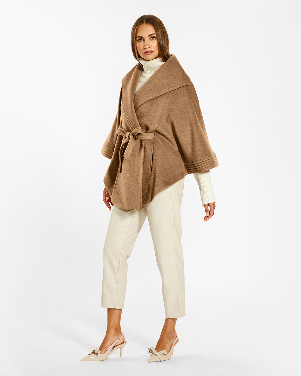 BABY ALPACA CAPE WITH SHAWL COLLAR AND BELT DARK CAMEL