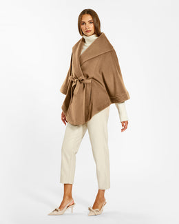 BABY ALPACA CAPE WITH SHAWL COLLAR AND BELT DARK CAMEL