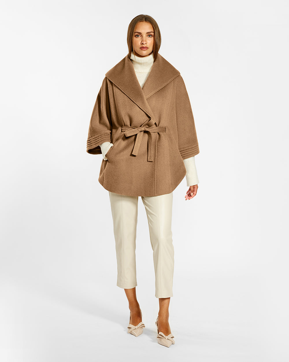 BABY ALPACA CAPE WITH SHAWL COLLAR AND BELT DARK CAMEL
