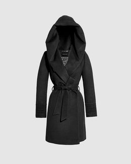 BABY ALPACA MID LENGTH HOODED WRAP COAT