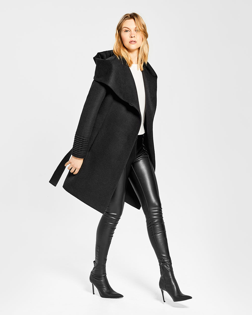 BABY ALPACA MID LENGTH HOODED WRAP COAT